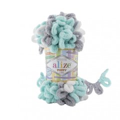 Alize Puffy Color 6408 - mint, šedá, bílá