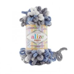 Alize Puffy Color 6075 - bílá, šedá, modrá